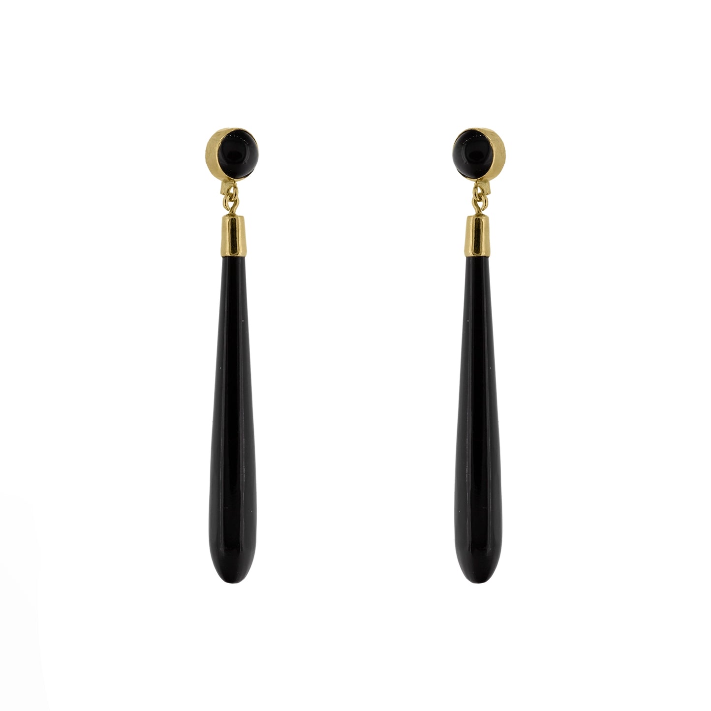 Pair of black onyx torpedo drop earrings with 9ct yellow gold fittings | Golden Snowdrop
