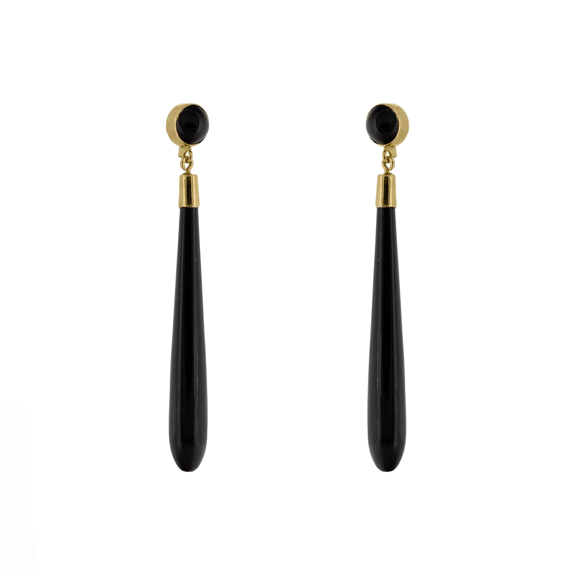 Pair of black onyx torpedo drop earrings with 9ct yellow gold fittings | Golden Snowdrop