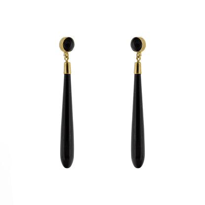 Pair of black onyx torpedo drop earrings with 9ct yellow gold fittings | Golden Snowdrop
