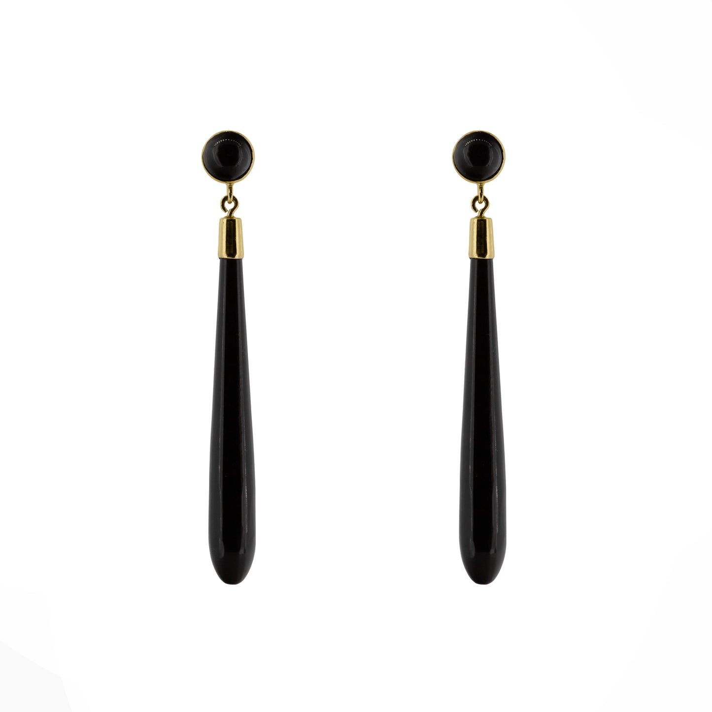 Pair of black onyx torpedo drop earrings with 9ct yellow gold fittings | Golden Snowdrop