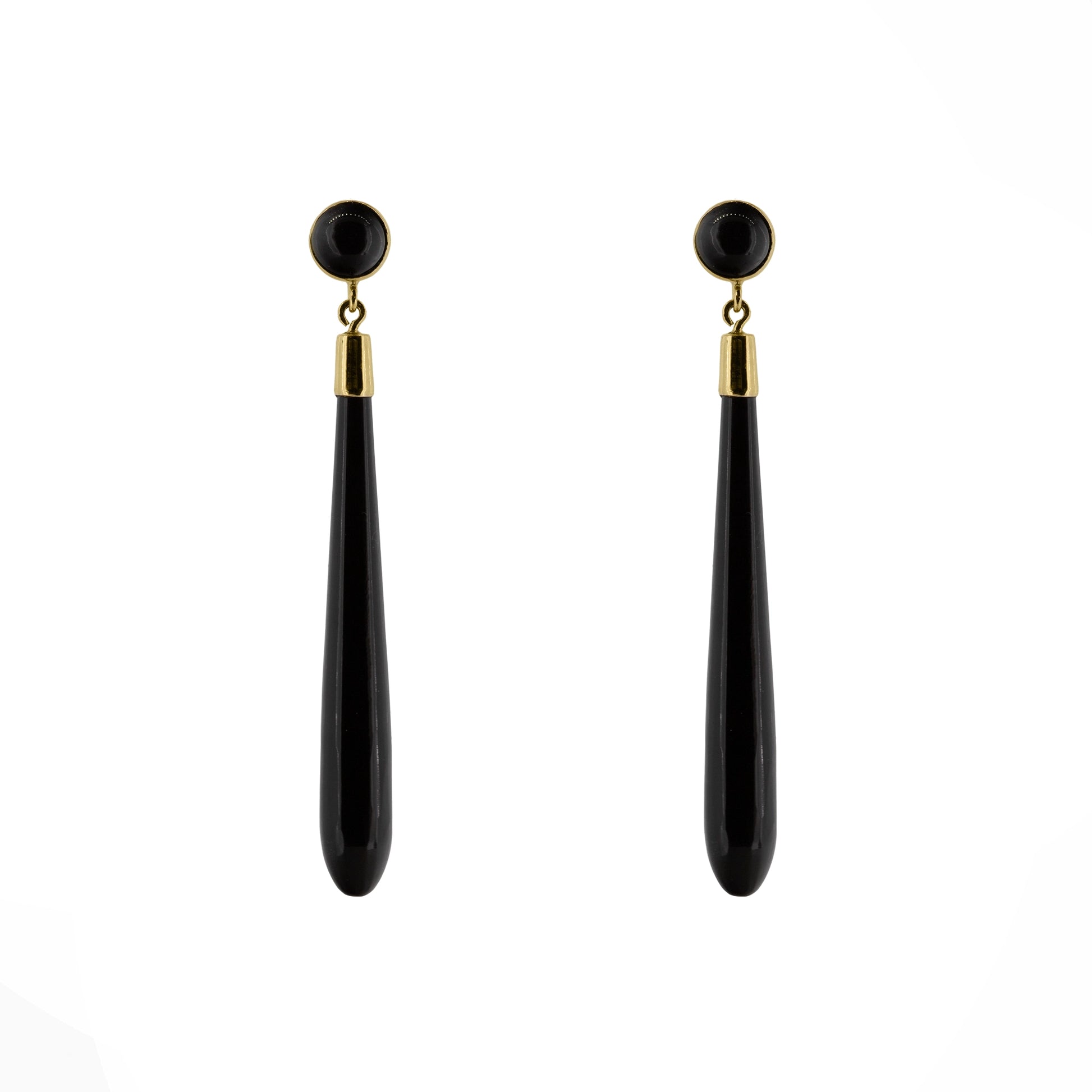 Pair of black onyx torpedo drop earrings with 9ct yellow gold fittings | Golden Snowdrop