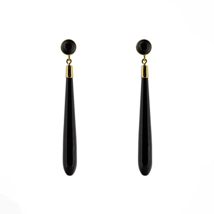 Pair of black onyx torpedo drop earrings with 9ct yellow gold fittings | Golden Snowdrop