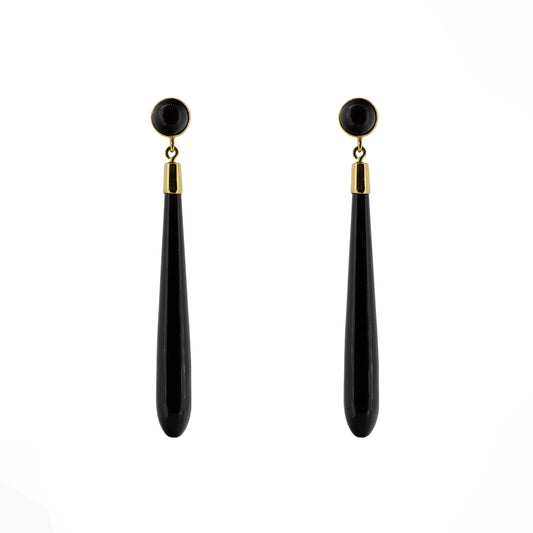 Pair of black onyx torpedo drop earrings with 9ct yellow gold fittings | Golden Snowdrop