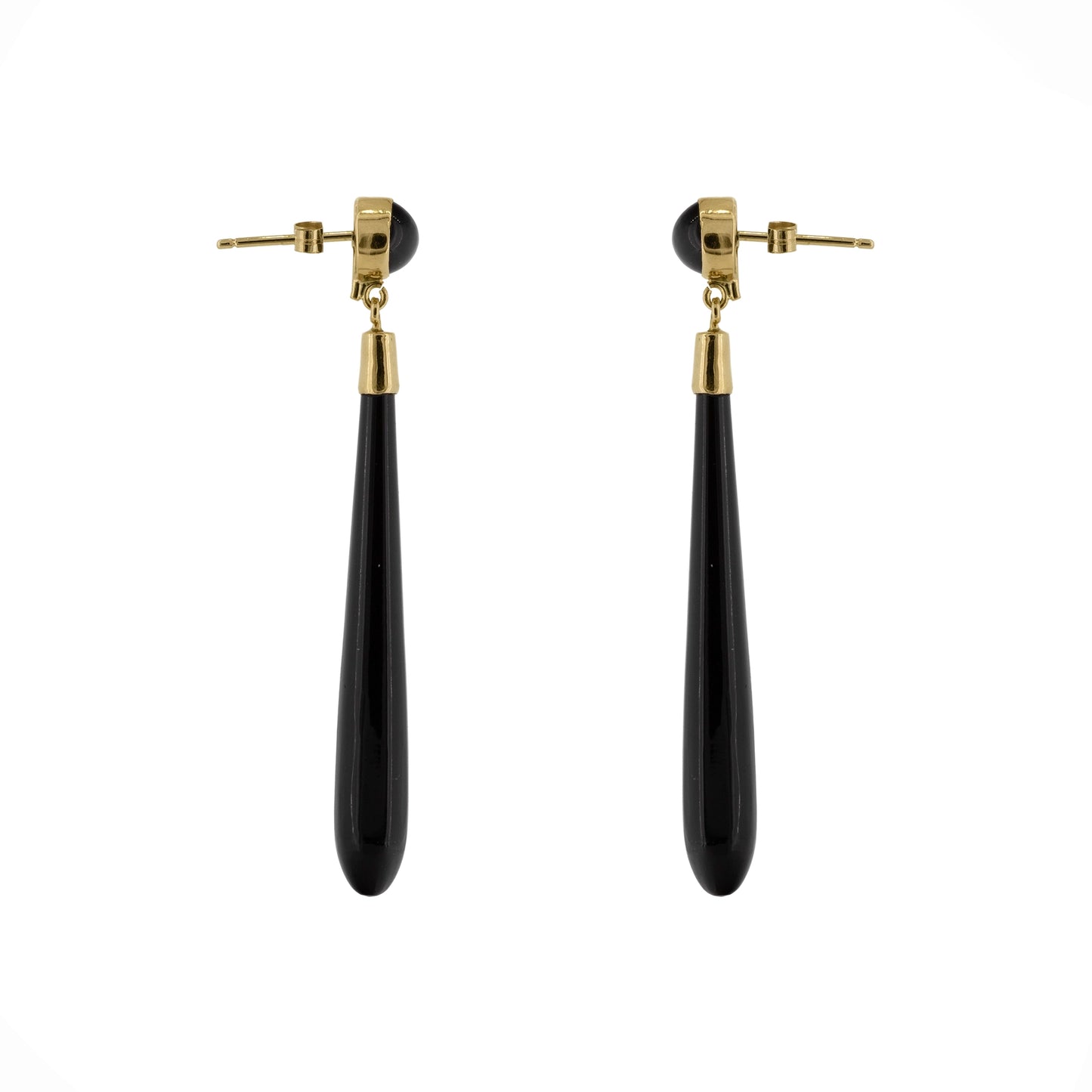 Side view of black onyx torpedo drop earring with 9ct yellow gold fitting | Golden Snowdrop
