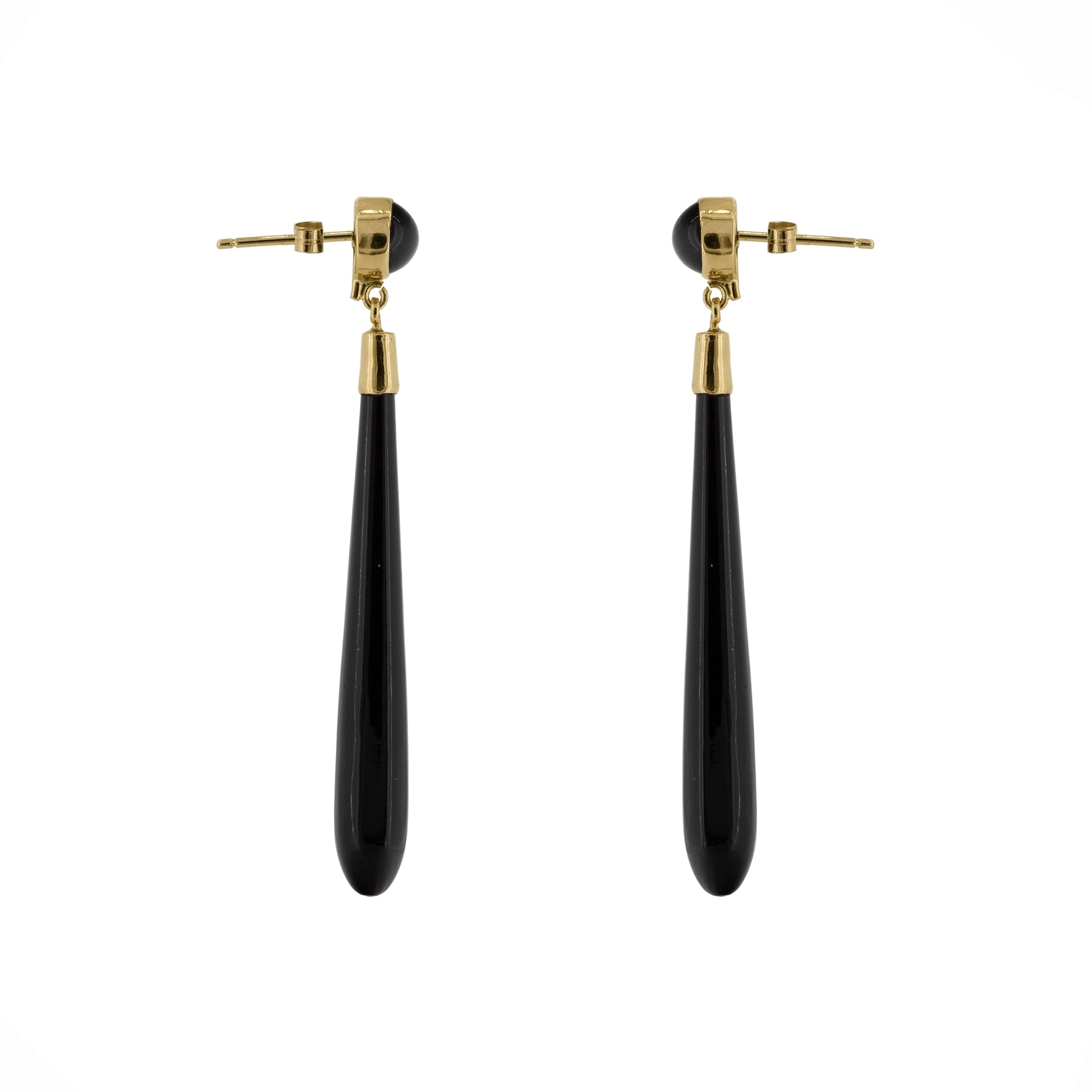 Side view of black onyx torpedo drop earring with 9ct yellow gold fitting | Golden Snowdrop