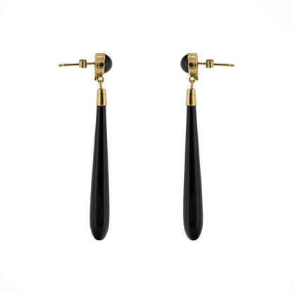 Side view of black onyx torpedo drop earring with 9ct yellow gold fitting | Golden Snowdrop