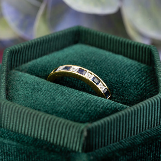 Modern 9ct Yellow Gold Sapphire and Diamond Half Eternity Ring - Pre-Owned