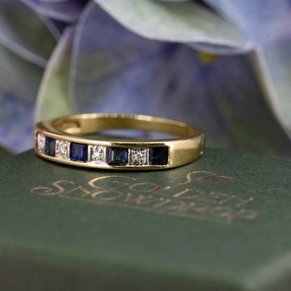 Modern 9ct Yellow Gold Sapphire and Diamond Half Eternity Ring - Pre-Owned