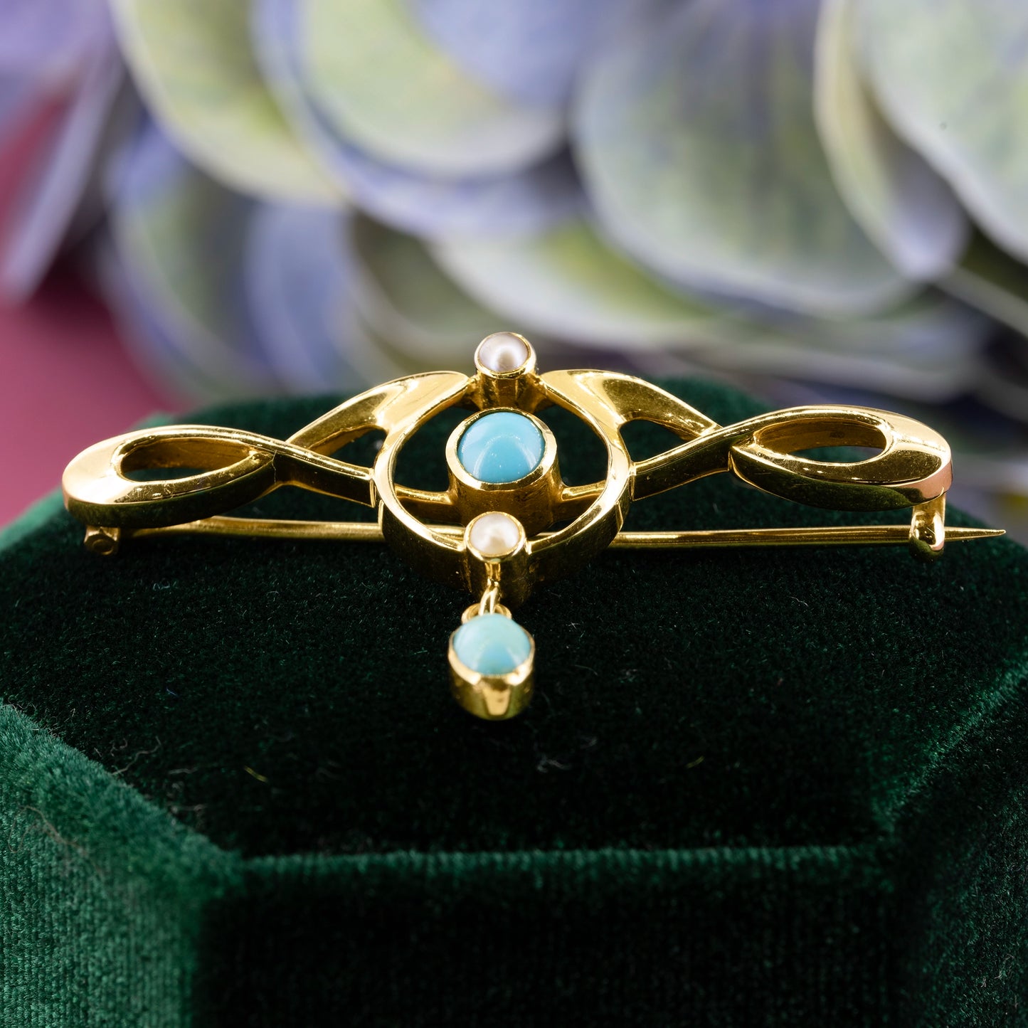 Art Nouveau Murrle Bennett & Co 15ct Yellow Gold and Turquoise Brooch - Antique