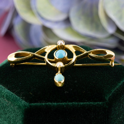 Art Nouveau Murrle Bennett & Co 15ct Yellow Gold and Turquoise Brooch - Antique