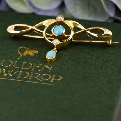 Art Nouveau Murrle Bennett & Co 15ct Yellow Gold and Turquoise Brooch - Antique