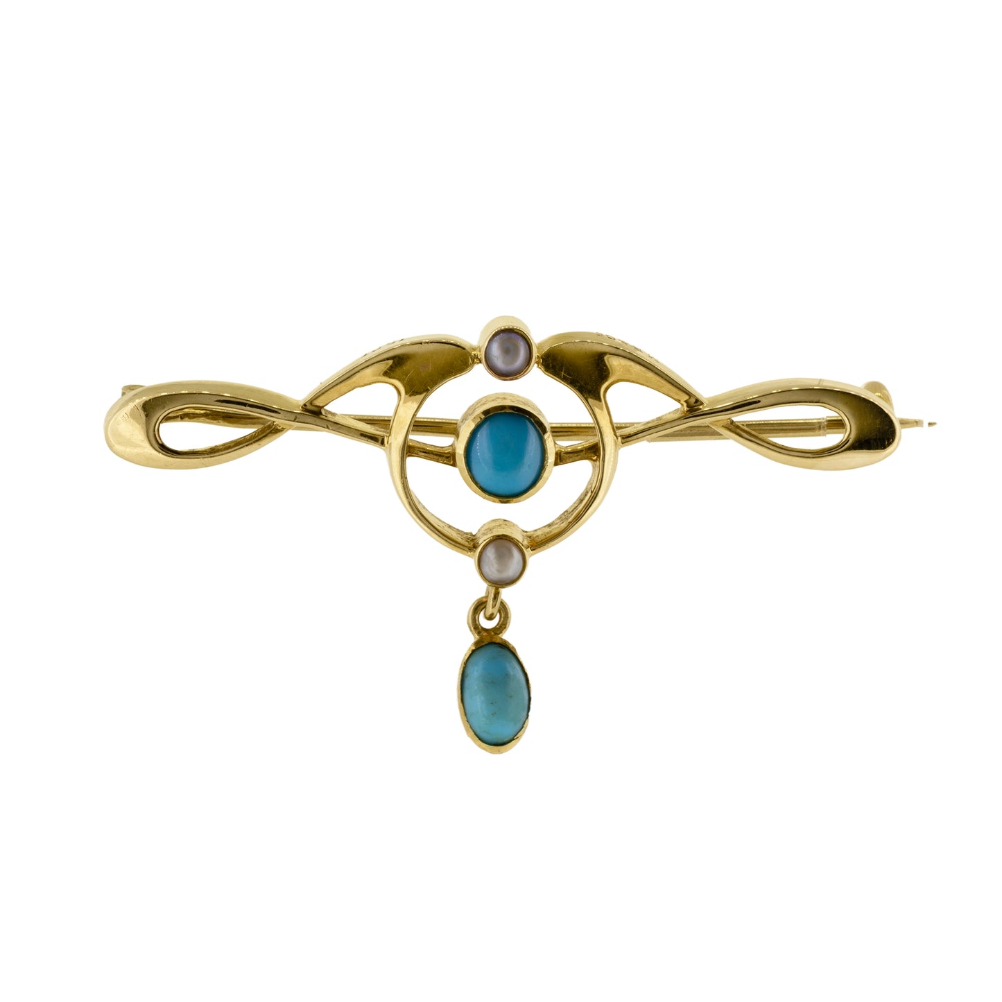 Art Nouveau Murrle Bennett & Co 15ct Yellow Gold and Turquoise Brooch - Antique
