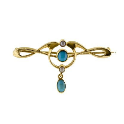 Art Nouveau Murrle Bennett & Co 15ct Yellow Gold and Turquoise Brooch - Antique