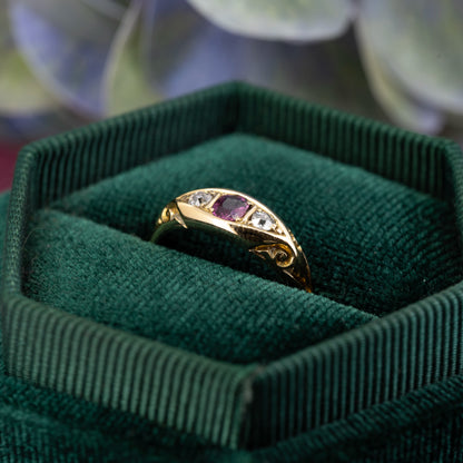 1909 Edwardian 18ct Yellow Gold Ruby and Diamond Pea Pod Ring - Antique