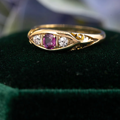 1909 Edwardian 18ct Yellow Gold Ruby and Diamond Pea Pod Ring - Antique