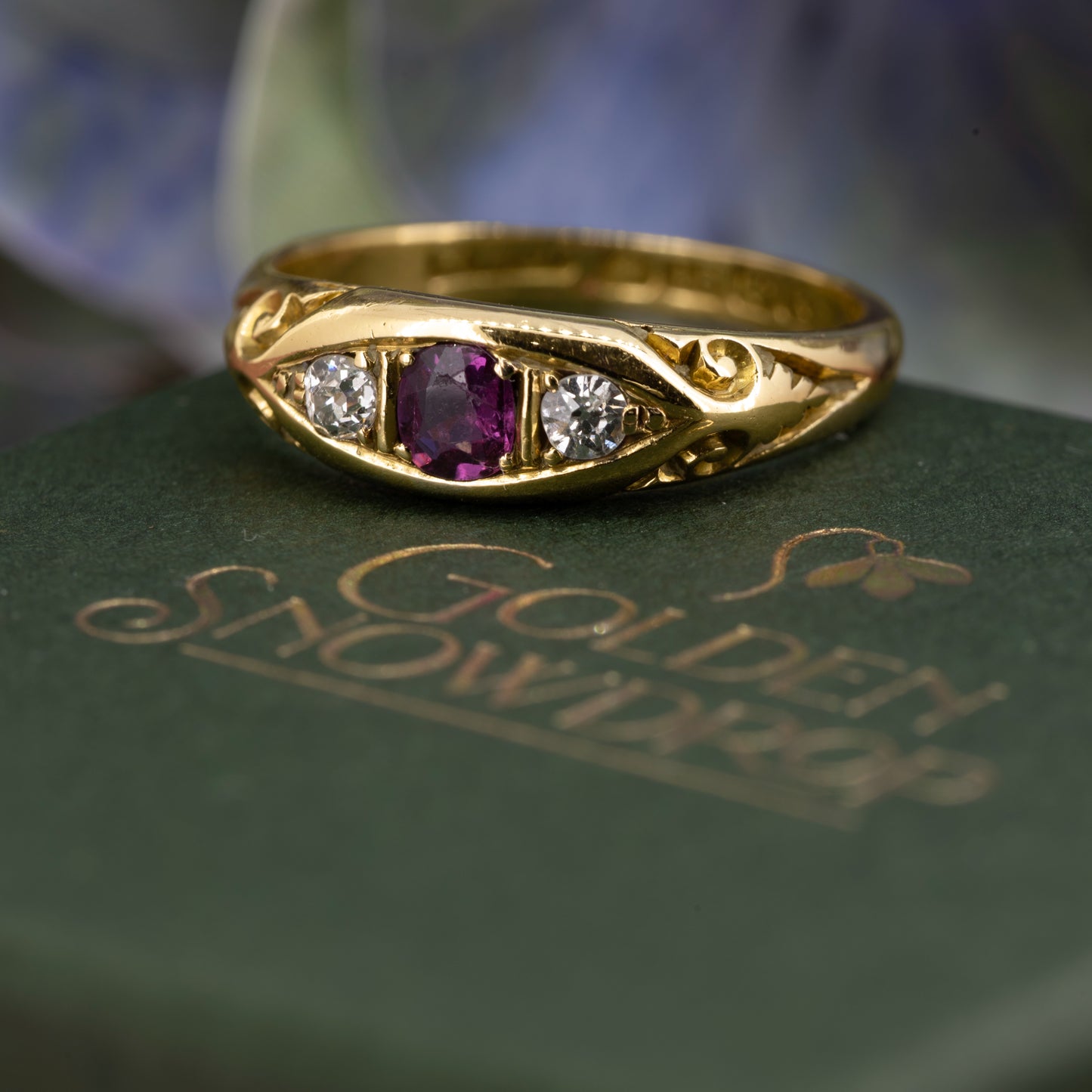 1909 Edwardian 18ct Yellow Gold Ruby and Diamond Pea Pod Ring - Antique