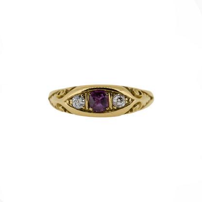 1909 Edwardian 18ct Yellow Gold Ruby and Diamond Pea Pod Ring - Antique