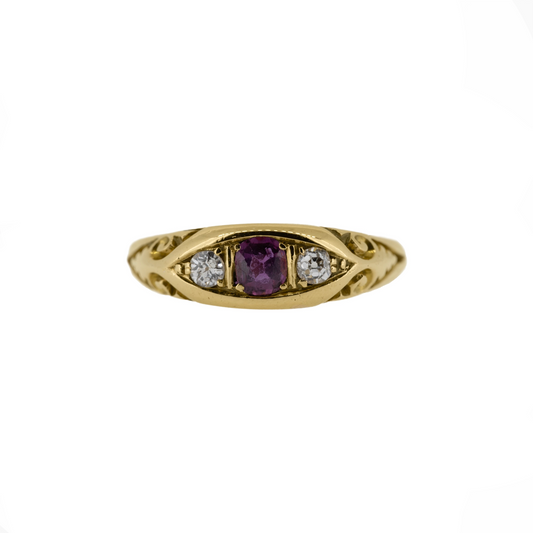 1909 Edwardian 18ct Yellow Gold Ruby and Diamond Pea Pod Ring - Antique