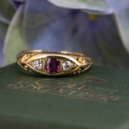 1909 Edwardian 18ct Yellow Gold Ruby and Diamond Pea Pod Ring - Antique