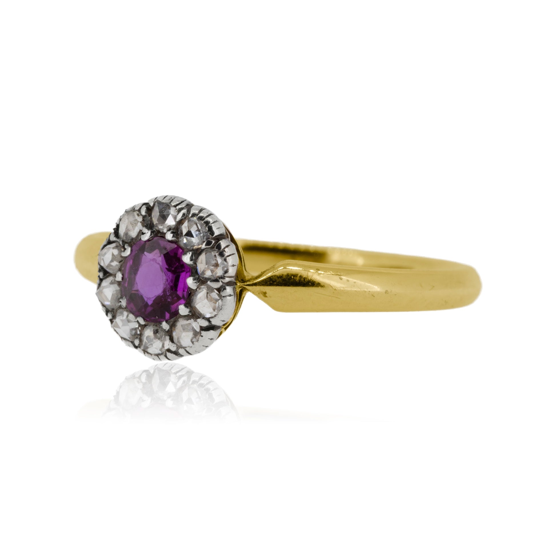 Late Victorian ruby and diamond cluster ring 18ct gold silver front view | Golden Snowdrop