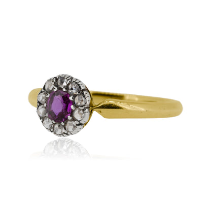 Late Victorian ruby and diamond cluster ring 18ct gold silver front view | Golden Snowdrop