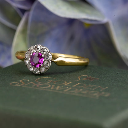 Ruby and diamond cluster ring angled view yellow gold band silver setting | Golden Snowdrop