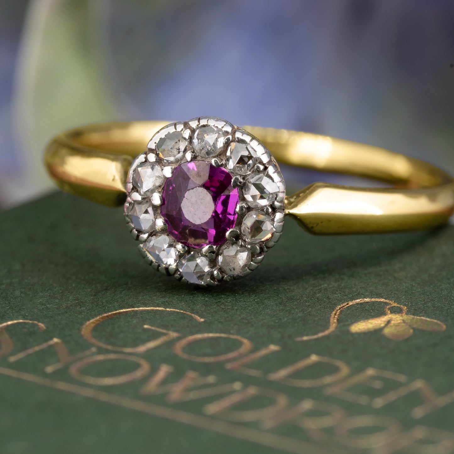 Late Victorian ruby diamond cluster ring close up detail rose cut diamonds | Golden Snowdrop