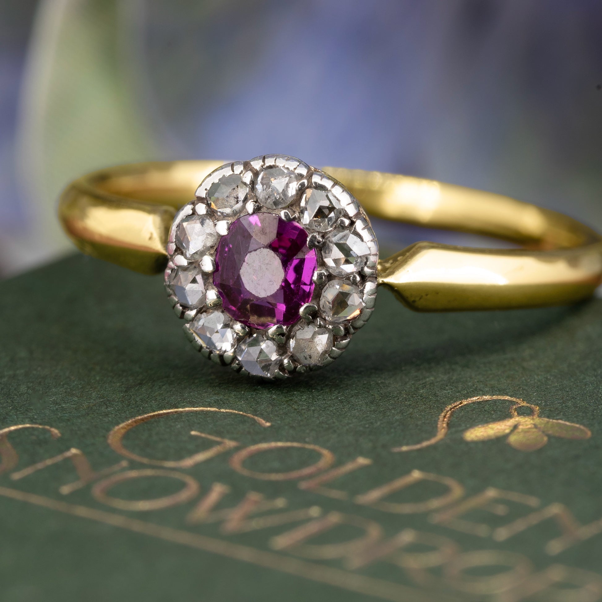 Late Victorian ruby diamond cluster ring close up detail rose cut diamonds | Golden Snowdrop