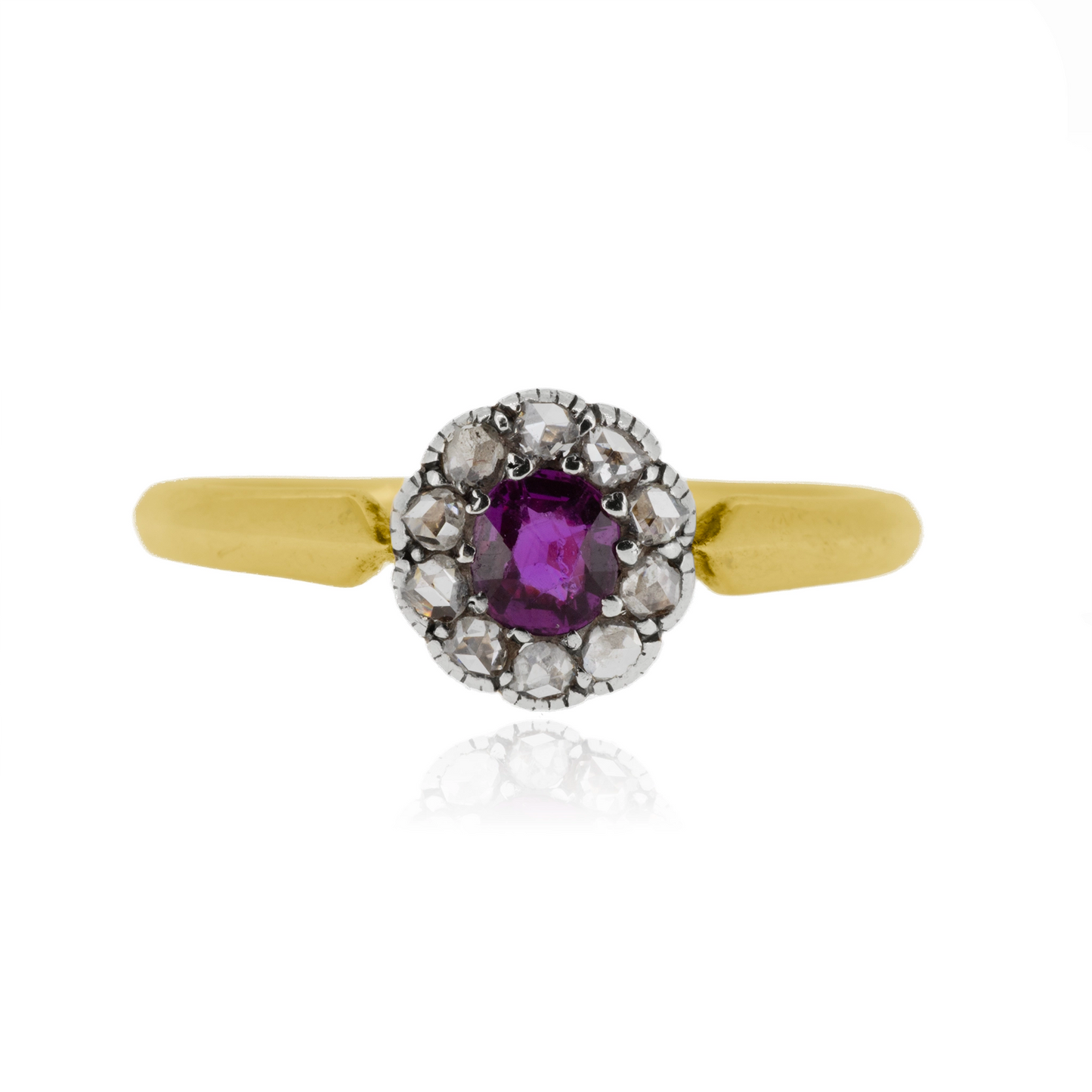 Late Victorian ruby and diamond cluster ring three quarter view | Golden Snowdrop