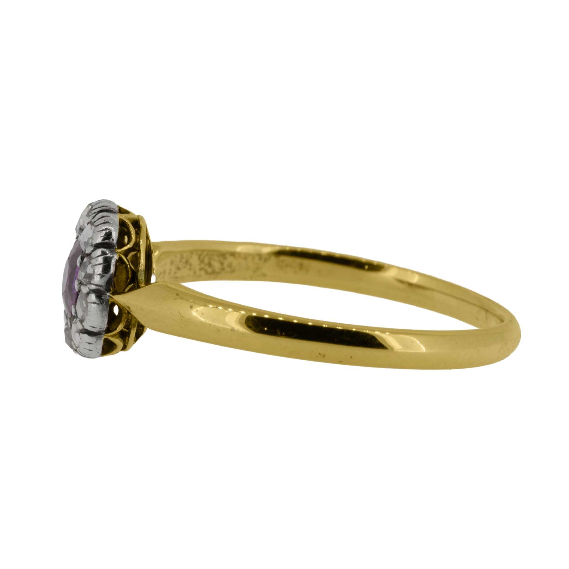 Side profile Victorian ruby diamond ring yellow gold band silver head | Golden Snowdrop