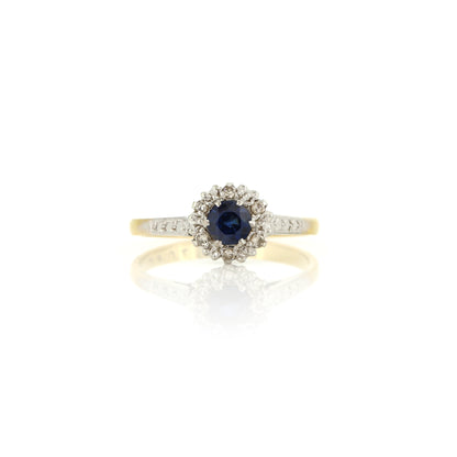 Sapphire and Diamond 18ct Yellow Gold and Platinum Cluster Ring - Pre-Owned