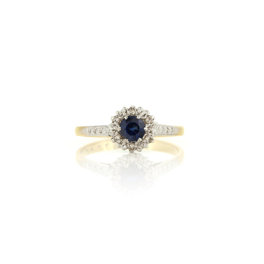 Sapphire and Diamond 18ct Yellow Gold and Platinum Cluster Ring - Pre-Owned