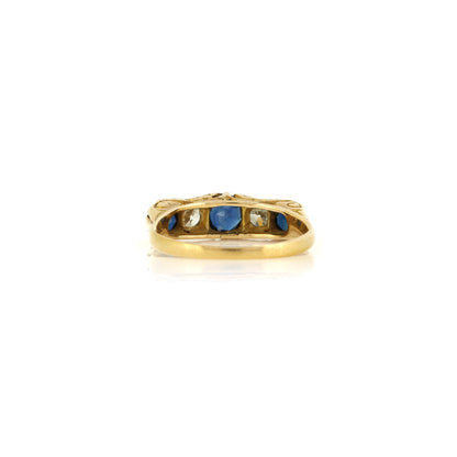 Sapphire and Diamond 18ct Yellow Gold Boat Ring with Carved Gallery - Antique