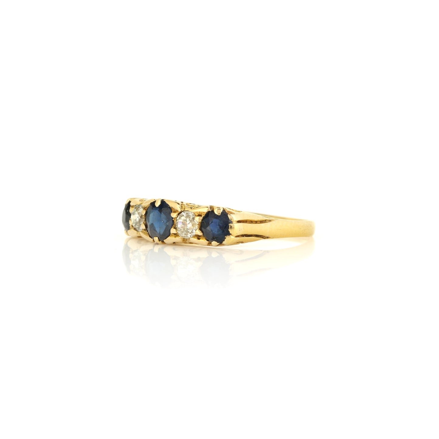 Sapphire and Diamond 18ct Yellow Gold Boat Ring with Carved Gallery - Antique