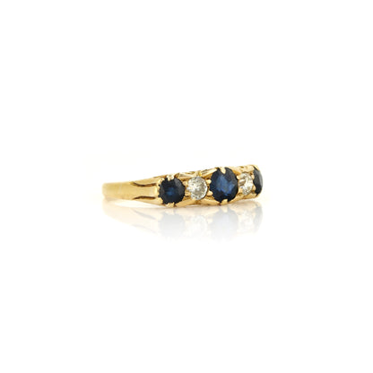 Sapphire and Diamond 18ct Yellow Gold Boat Ring with Carved Gallery - Antique