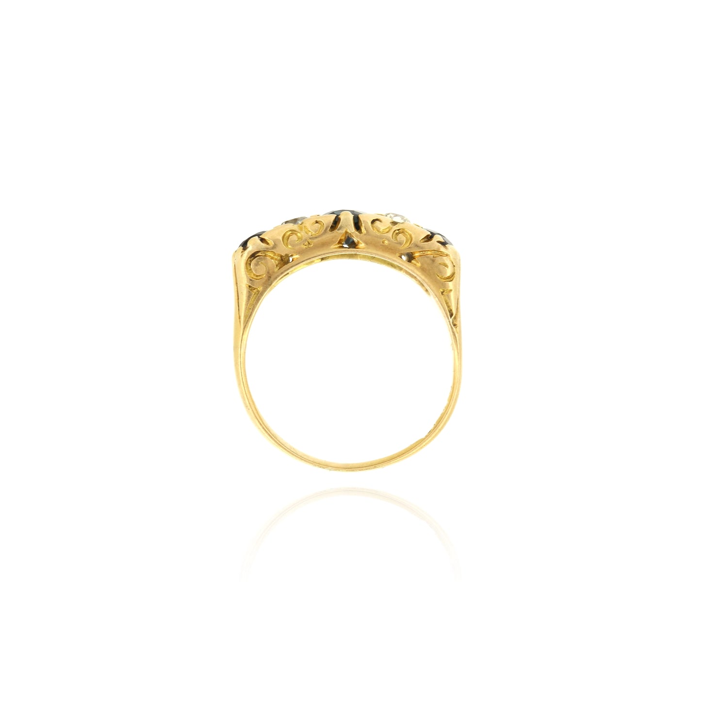 Sapphire and Diamond 18ct Yellow Gold Boat Ring with Carved Gallery - Antique