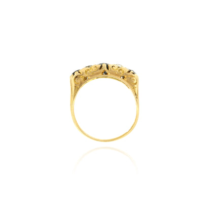 Sapphire and Diamond 18ct Yellow Gold Boat Ring with Carved Gallery - Antique