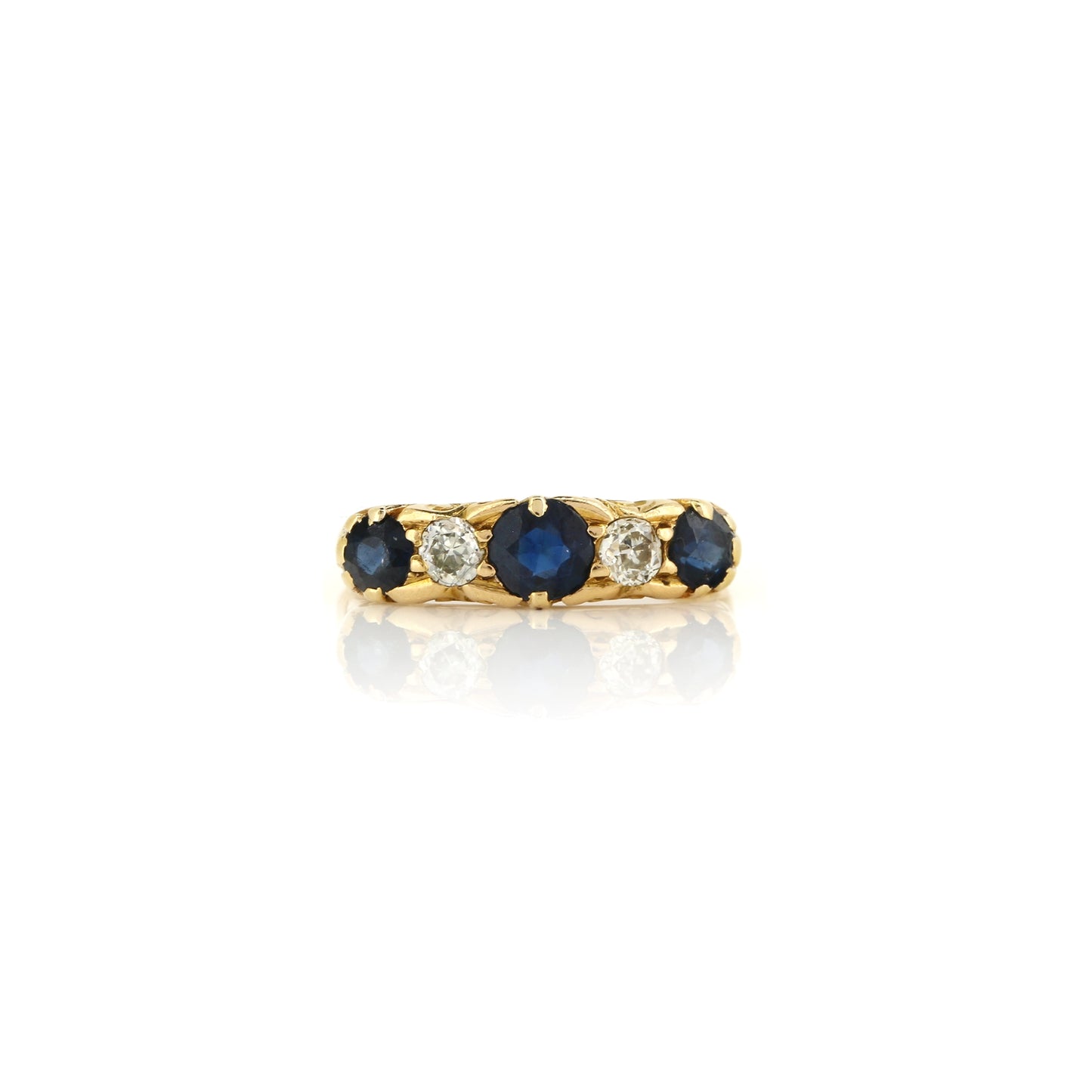 Sapphire and Diamond 18ct Yellow Gold Boat Ring with Carved Gallery - Antique