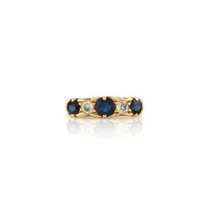 Sapphire and Diamond 18ct Yellow Gold Boat Ring with Carved Gallery - Antique