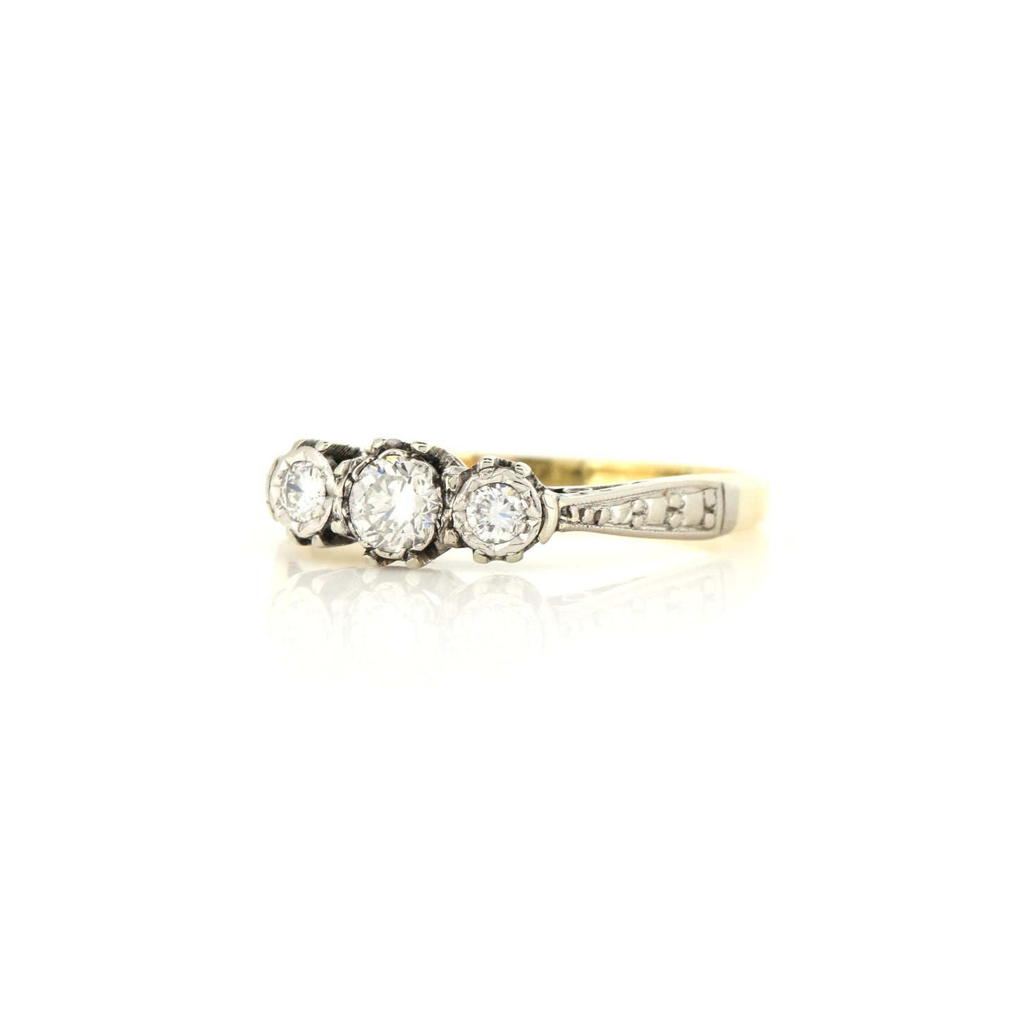 Diamond Three Stone 18ct Yellow Gold and Platinum Ring - Vintage