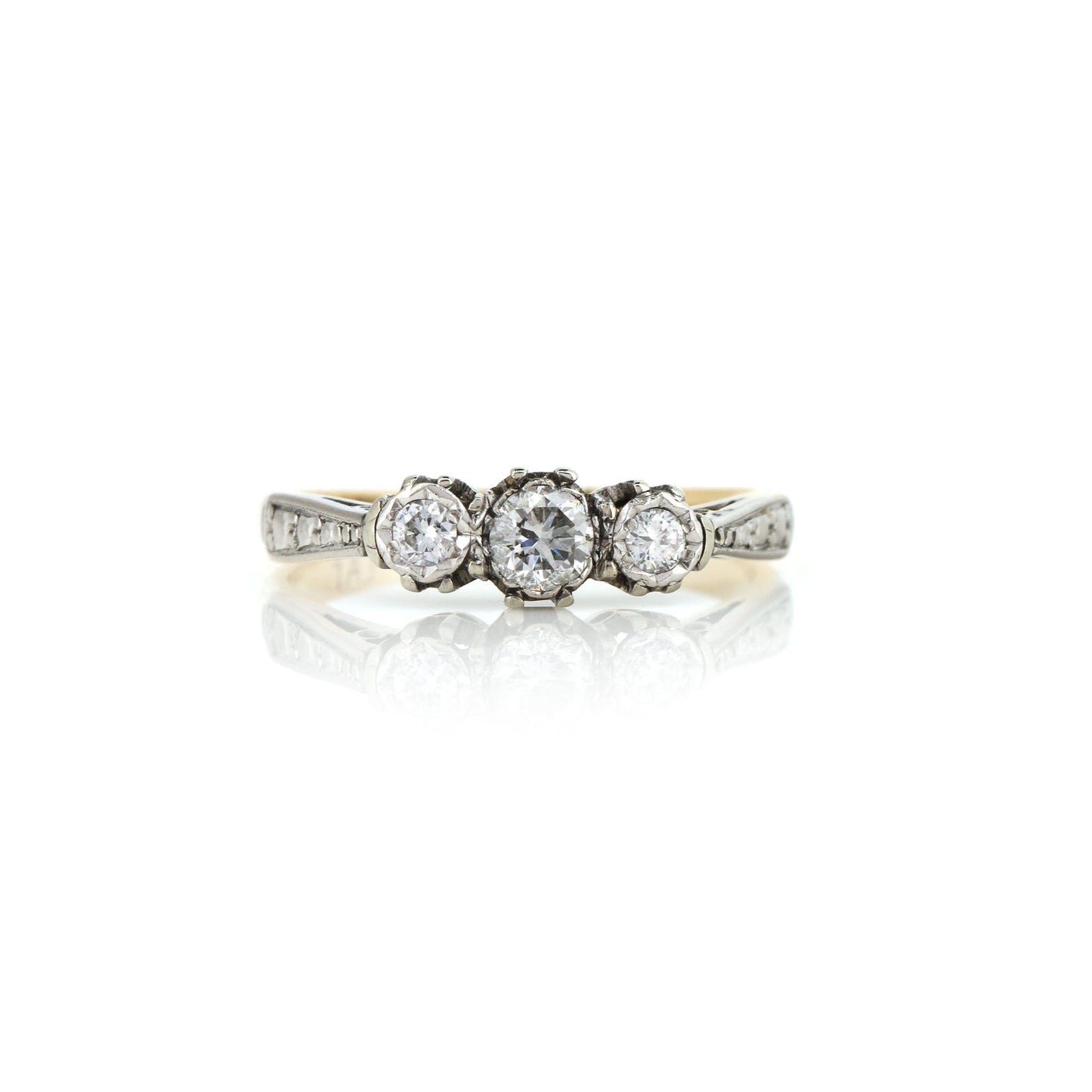 Diamond Three Stone 18ct Yellow Gold and Platinum Ring - Vintage