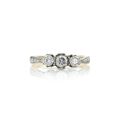 Diamond Three Stone 18ct Yellow Gold and Platinum Ring - Vintage
