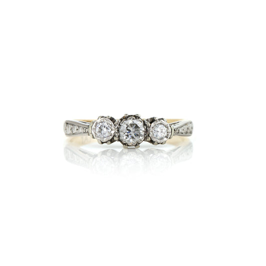 Diamond Three Stone 18ct Yellow Gold and Platinum Ring - Vintage