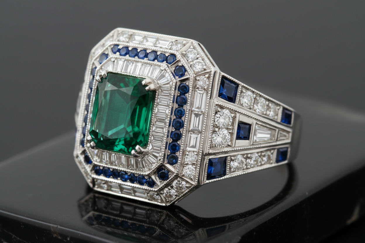 Elegant Art Deco ring with emerald, sapphires, and diamonds on a reflective surface.